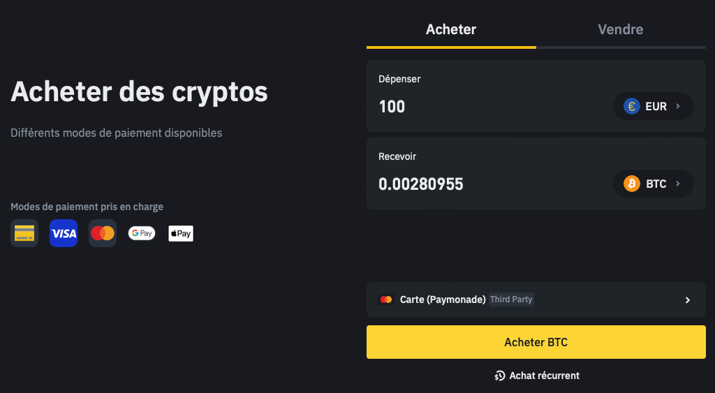 acheter bitcoin binance