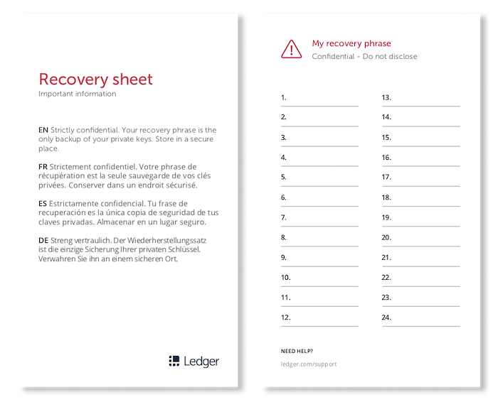 Phrase de récupération portefeuille Ledger