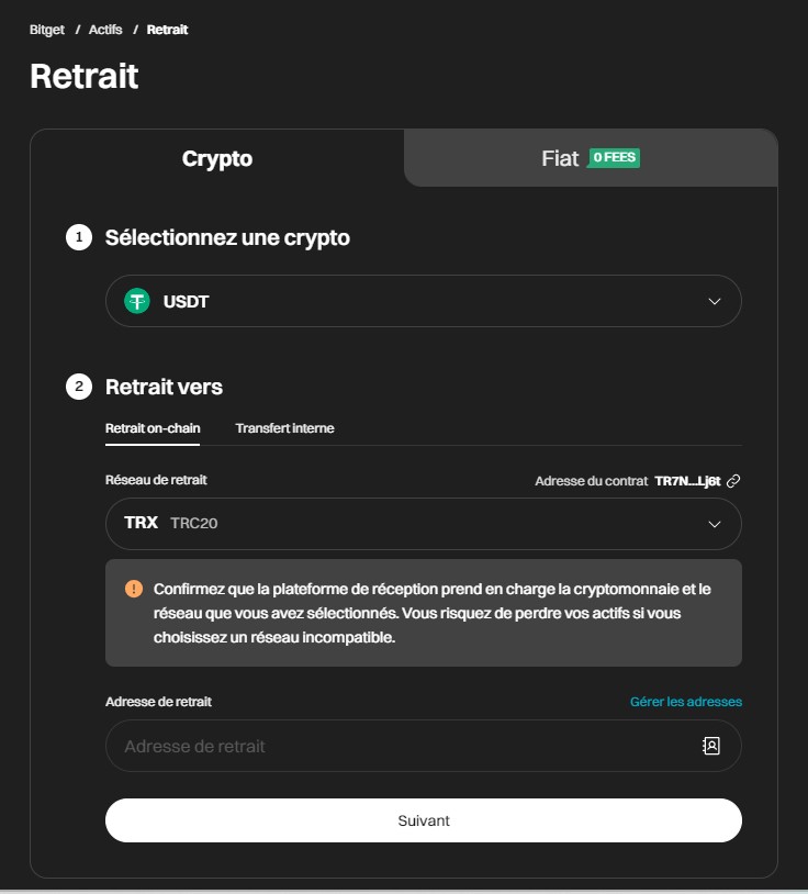 Retirer des cryptos de Bitget guide