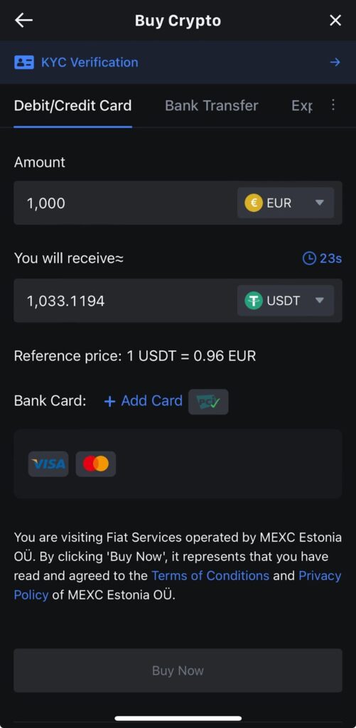 Coment faire un Dépôt par Carte Bancaire sur MEXC