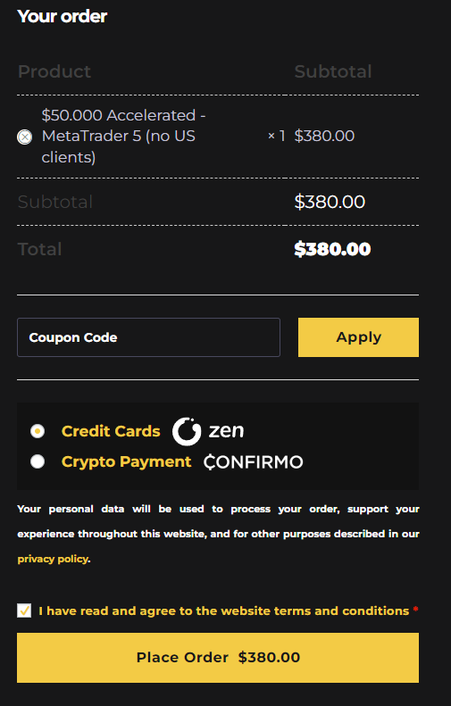 frais d'inscription Crypto Fund Trader